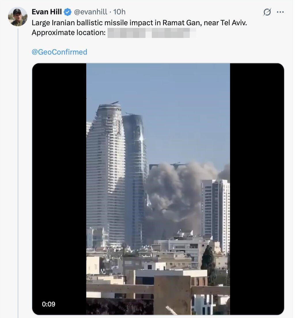 Evan Hill's post showing locating on missile strike in Ramat Gan (Photo: via X) פרסום זירת הנפילה ברמת גן
