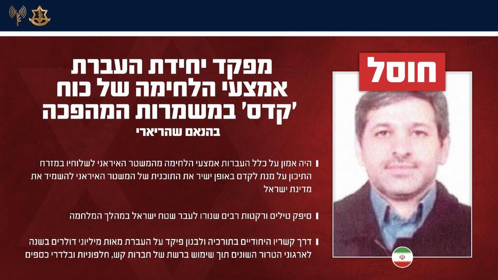 תעודת זהות בהנאם שהריארי, מפקד יחידת העברת אמצעי הלחימה של כוח ׳קדס׳ במשמרות המהפכה שחוסל על ידי כוחות צה"ל