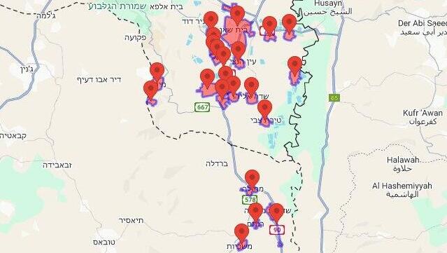 מפת אזעקות צבע אדום בשל חדירת כלי טיס בבית שאן, עמק המעיינות, ערבות הירדן