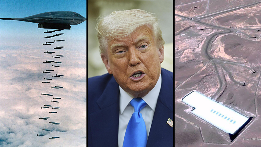 B-2 bomber, U.S. President Donald Trump, Fordow nuclear site (Photo: U.S. Air Force, AP Photo/Evan Vucci , Google Earth, Youtube) שלישים דונלד טראמפ, פורדו ו מפציצי B-2