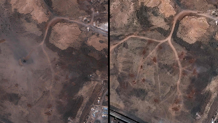 After and before U.S. strike on Natanz nuclear facility (Photo: SATELLITE IMAGE ©2025 MAXAR TECHNOLOGIES / AFP) נתנז איראן תמונות לווין לפני אחרי תקיפות ארה"ב מתקן גרעין מטוסי B-2