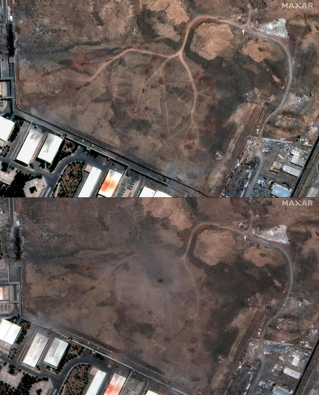 The Natanz uranium enrichment facility before (upper) and after US strikes (Photo: SATELLITE IMAGE ©2025 MAXAR TECHNOLOGIES / AFP) נתנז איראן תמונות לווין לפני אחרי תקיפות ארה"ב מתקן גרעין מטוסי B-2
