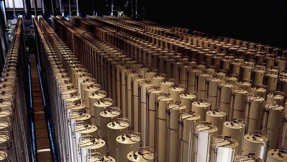 A centrifuge array at a uranium enrichment plant in Ohio, United States, during the 1980s. Modern centrifuges are shorter, but still measure several meters in height 