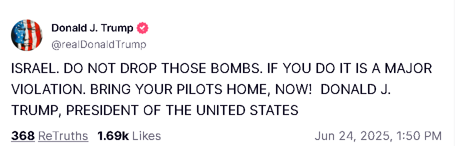 U.S. President Donald Trump in a post on Truth Social says he is mad at Israel for attacking Iran after a ceaasefire agreement is reached (Photo: Screenshot) U.S. President Donald Trump in a post on Truth Social says he is mad at Israel for attacking Iran after a ceaasefire agreement is reached