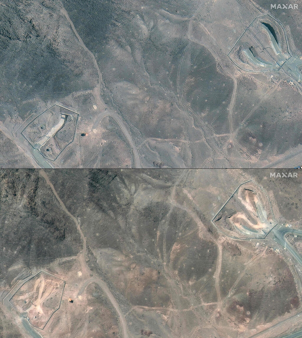Before and after images of Fordow (Photo: SATELLITE IMAGE ©2025 MAXAR TECHNOLOGIES / AFP) פורדו לפני ואחרי התקיפות
