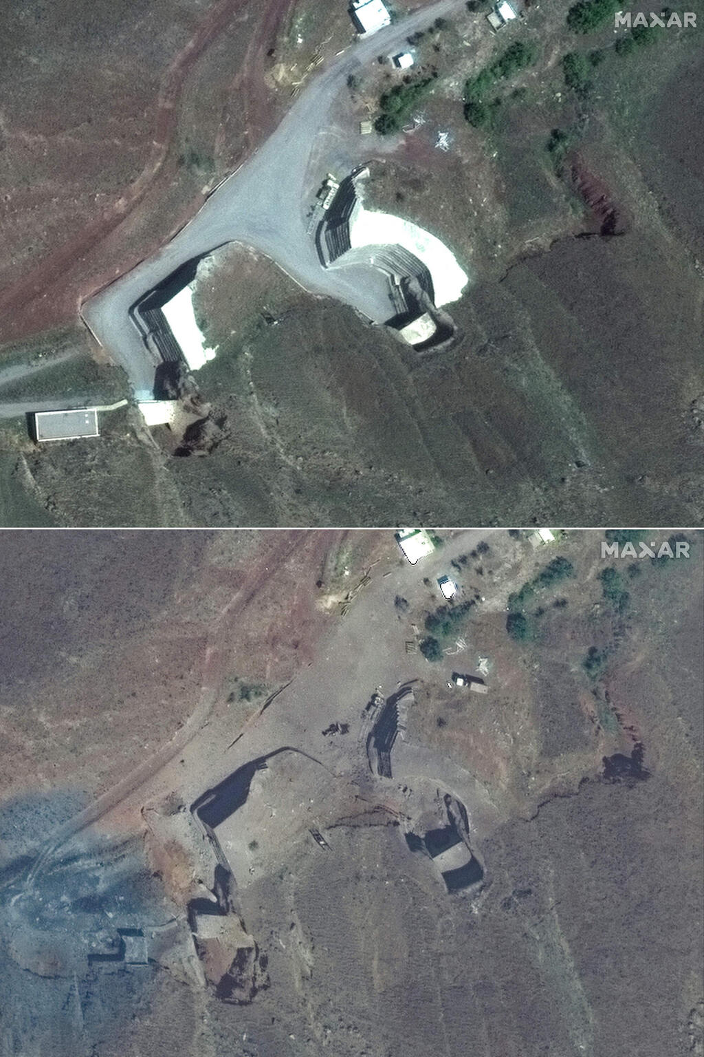 Before and after images of Tabriz (Photo: SATELLITE IMAGE ©2025 MAXAR TECHNOLOGIES / AFP) תבריז לפני ואחרי התקיפות