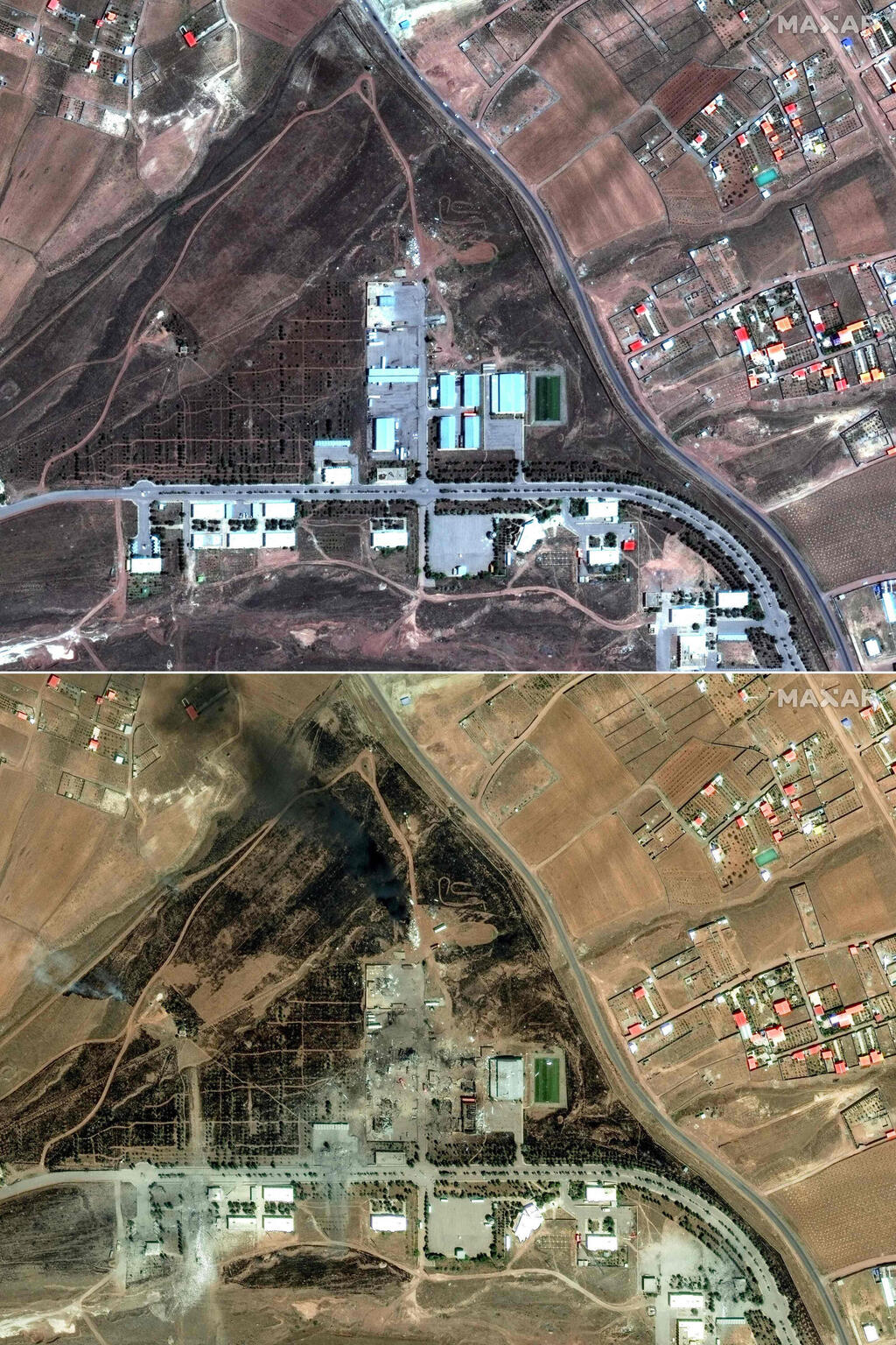 Before and after images of Tabriz (Photo: SATELLITE IMAGE ©2025 MAXAR TECHNOLOGIES / AFP) תבריז לפני ואחרי התקיפות