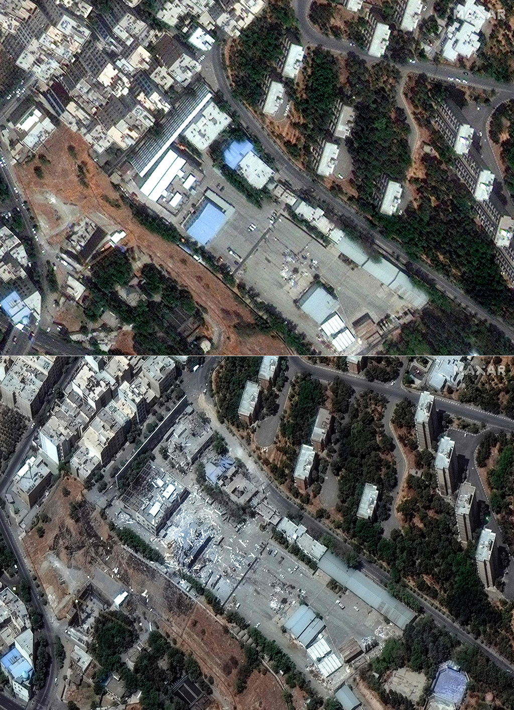 Before an after images of Shahid Rajaee University (Photo: SATELLITE IMAGE ©2025 MAXAR TECHNOLOGIES / AFP) אוניברסיטת שהיד רג'אי לפני ואחרי התקיפות