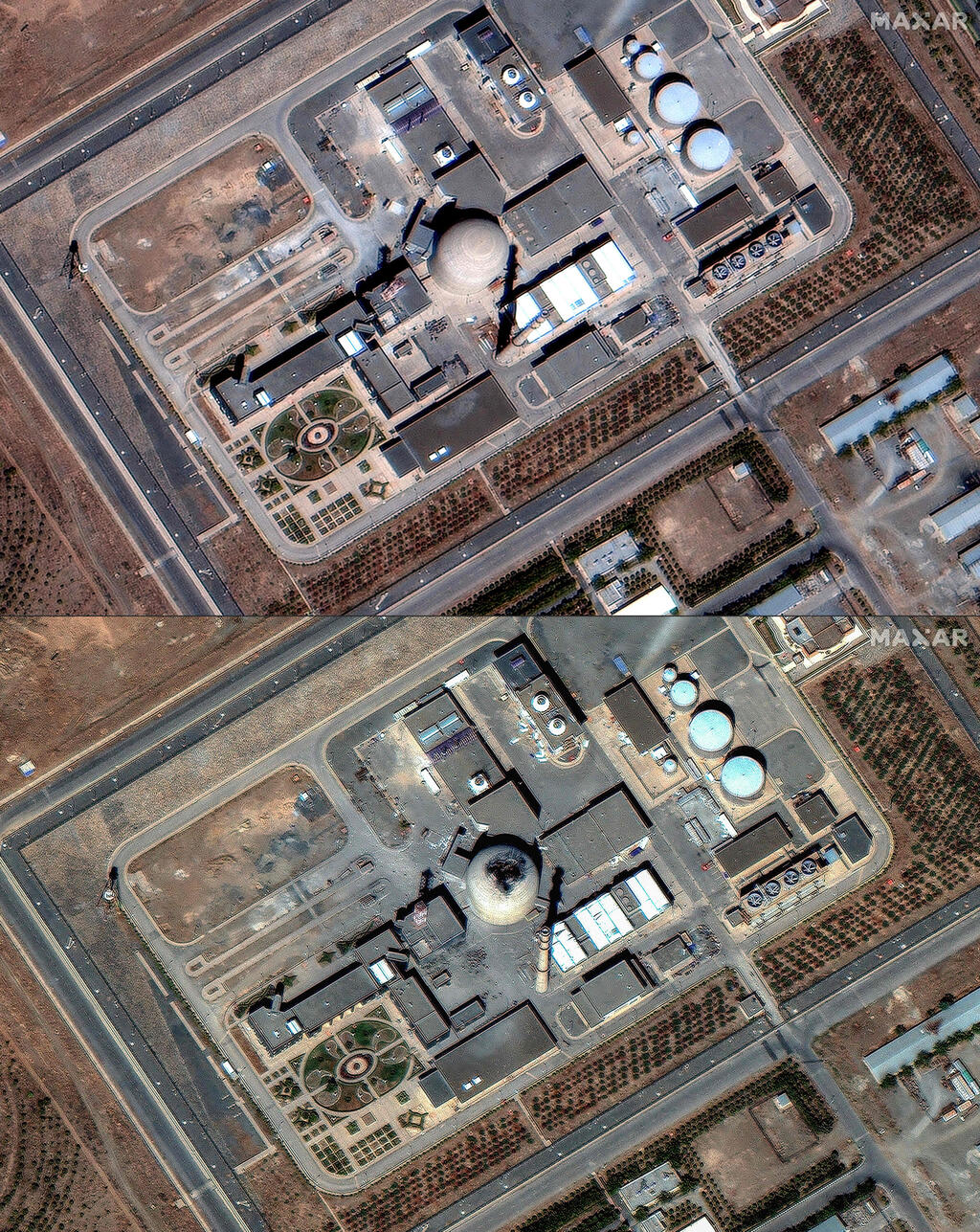 Before and after images of Arak nuclear facility (Photo: SATELLITE IMAGE ©2025 MAXAR TECHNOLOGIES / AFP) אראק לפני ואחרי התקיפות