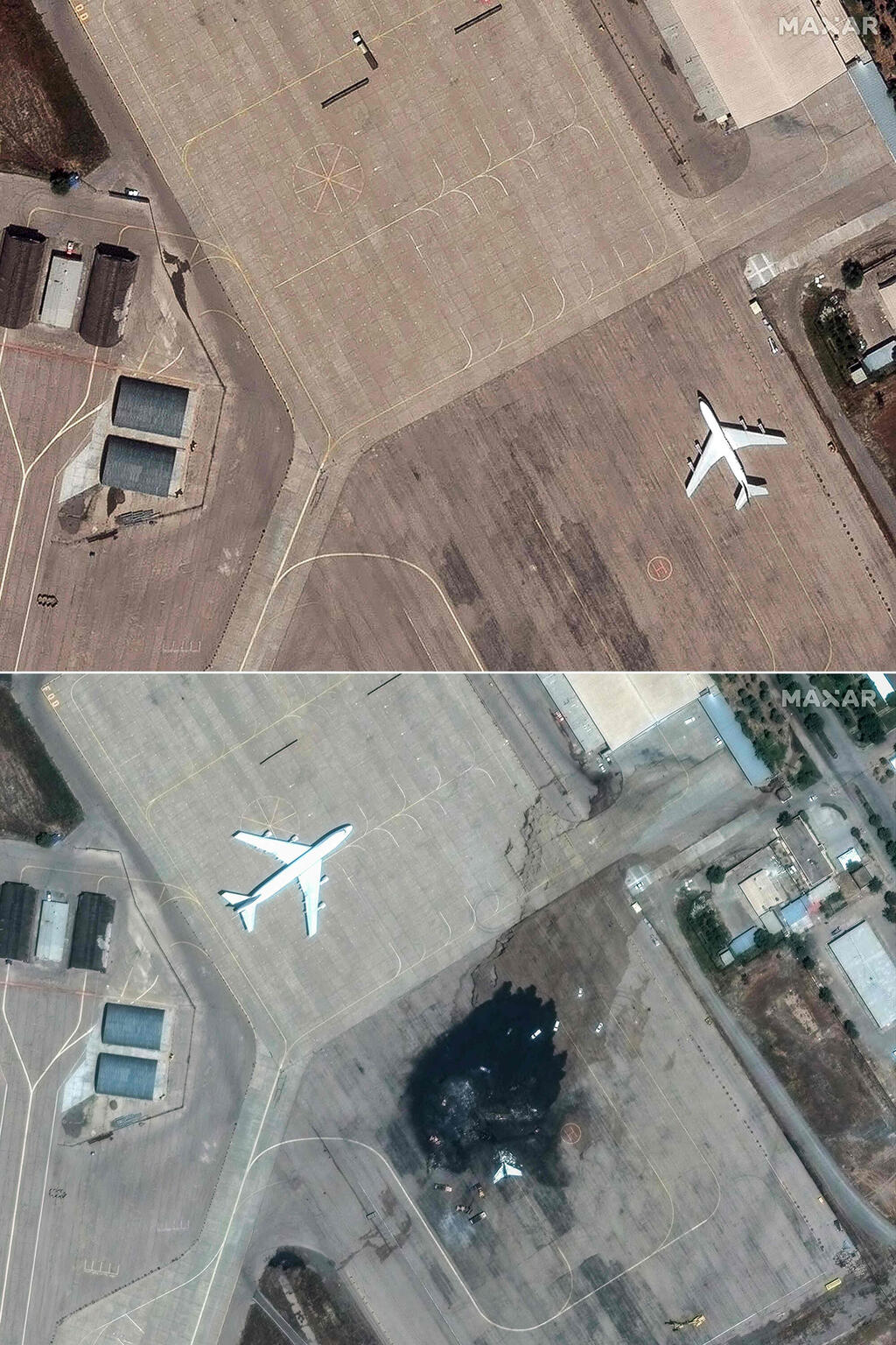 Before and after images of Dezful airport (Photo: SATELLITE IMAGE ©2025 MAXAR TECHNOLOGIES / AFP) שדה תעופה דזפול לפני ואחרי התקיפות