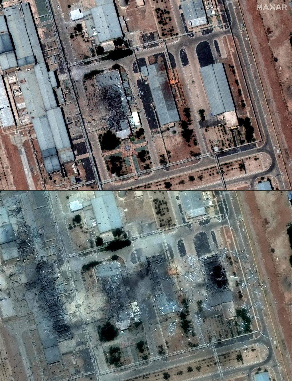 Before and after images of Isfahan (Photo: SATELLITE IMAGE ©2025 MAXAR TECHNOLOGIES / AFP) איספהאן לפני ואחרי התקיפות