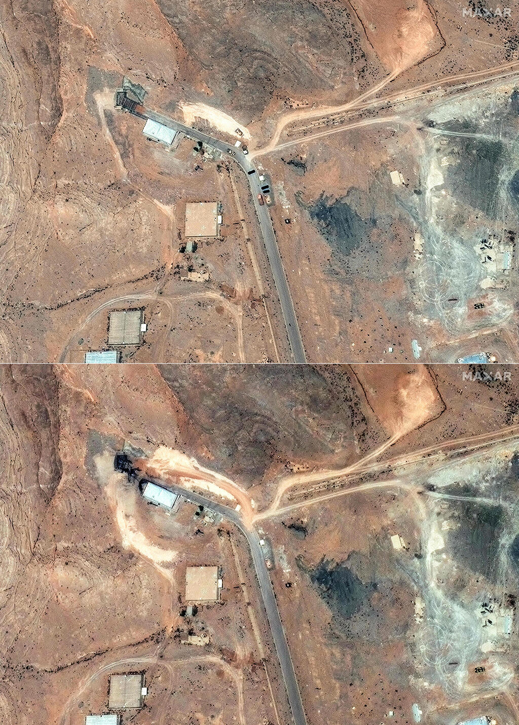 Before and after images of Isfahan (Photo: SATELLITE IMAGE ©2025 MAXAR TECHNOLOGIES / AFP) איספהאן לפני ואחרי התקיפות