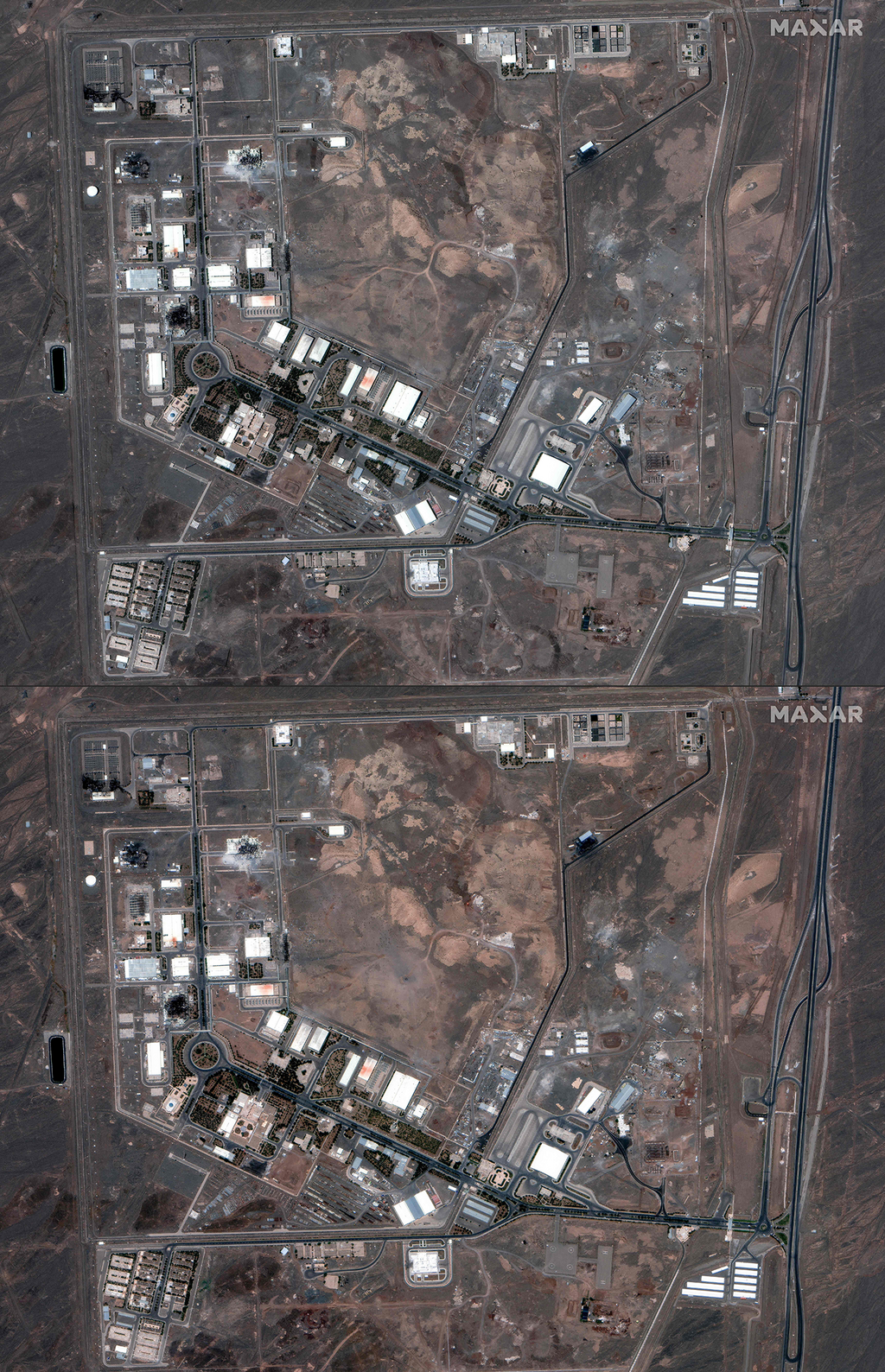 Before and after images of Natanz (Photo: SATELLITE IMAGE ©2025 MAXAR TECHNOLOGIES / AFP) נתנז לפני ואחרי התקיפות