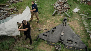 כטב"ם של רוסיה מדגם שאהד של איראן אחרי שהופל באזור חרקוב אוקראינה ב-30 באפריל