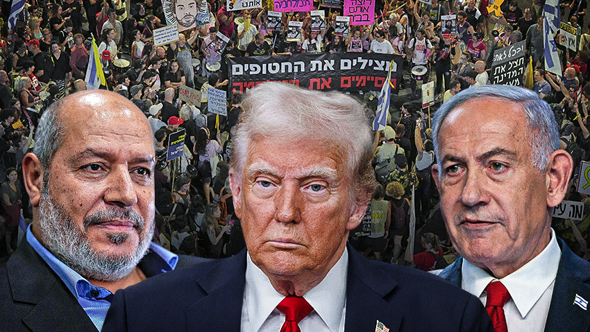 Халиль аль-Хия из ХАМАСа, Трамп и Нетаниягу на фоне демонстрации за сделку (Фото: AP Photo/Ariel Schalit, AP Photo/Khalil Hamra, REUTERS/Ronen Zvulun, Joshua Sukoff/shutterstock) Халиль аль-Хия из ХАМАСа, Трамп и Нетаниягу на фоне демонстрации за сделку