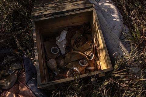 Gas mask in a Ukrainian trench