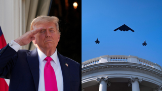 חצאים מטס של מטוסי קרב עם מפציץ B-2 מעל הבית הלבן וושינגטון ב חגיגות 4 ביולי ארה"ב, טראמפ בטקס בבית הלבן שבו חתם על חוק תקציבי חדש בחגיגות עצמאות ארה"ב 4 ביולי