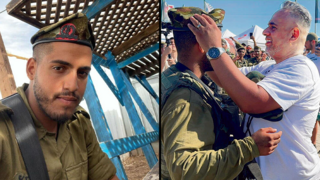 מימין: אבי טרי מעניק לבנו א' את הכומתה של אפיק ז"ל, משמאל: סמל אפיק טרי ז"ל