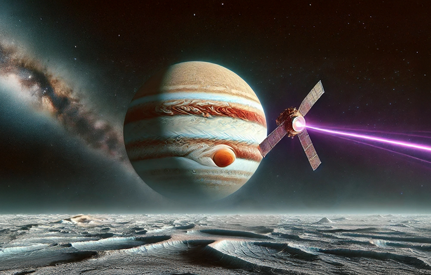 When exposed to UV light, these amino acids emit radiation at distinct wavelengths. Simulation of the Eureka spacecraft scanning Europa’s surface (Illustration: Gidi Yoffe via ChatGPT) When exposed to UV light, these amino acids emit radiation at distinct wavelengths. Simulation of the Eureka spacecraft scanning Europa’s surface