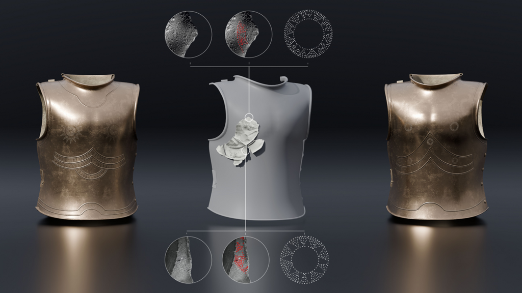 3D reconstruction (right) of the armor fragment (center), based on a sample from France (left) (Photo: Martin Kosťál) שחזור תלת-ממדי (מימין) של שבר השריון (במרכז) המבוסס על דוגמה מצרפת (משמאל)
