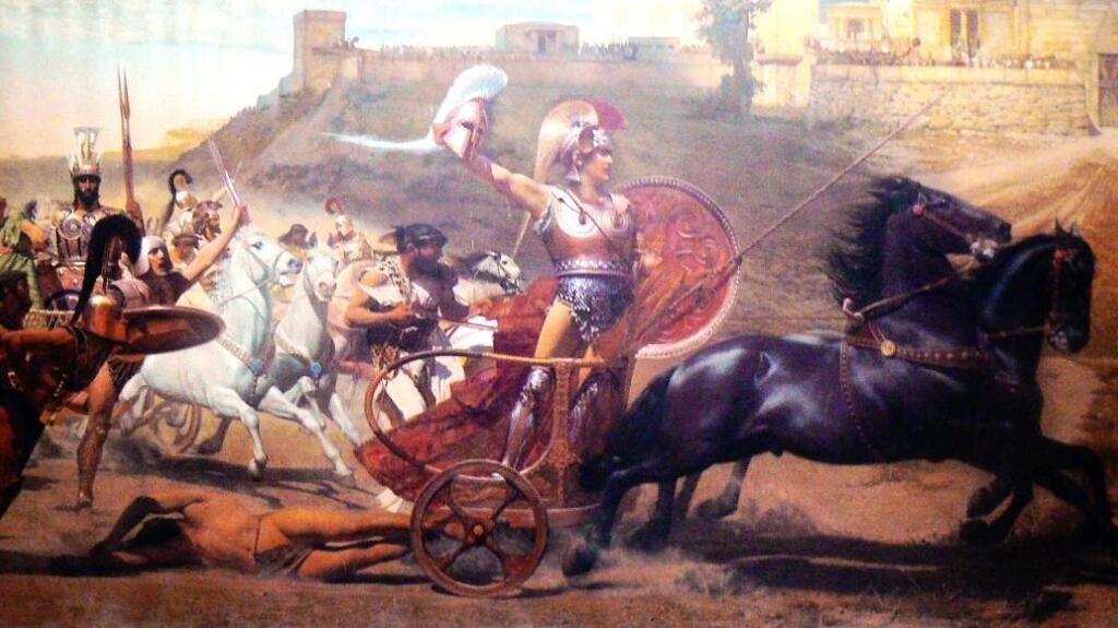 19th century painting depicting Achilles' victory over Hector in the Tojan War (Illustration: Franz Matsch/Wikipedia) ציור משנת 1892, המתאר את הניצחון של אכילס כשהוא גורר את גופת הקטור במלחמת טרויה