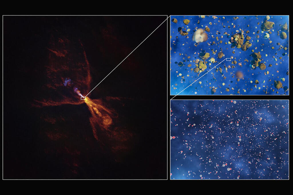 Images of silicon monoxide gas jets around the young star HOPS-315, obtained using data from the ALMA telescope. Right: An artist's impression of silicon crystallizing into solid clumps that develop into planets (Photo: ESO/L. Calçada/ALMA(ESO/NAOJ/NRAO)/M. McClure et al.) Images of silicon monoxide gas jets around the young star HOPS-315, obtained using data from the ALMA telescope. Right: An artist's impression of silicon crystallizing into solid clumps that develop into planets