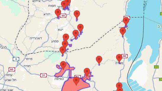 מפה ישובים שנשמעו אזעקות מהירי מתימן