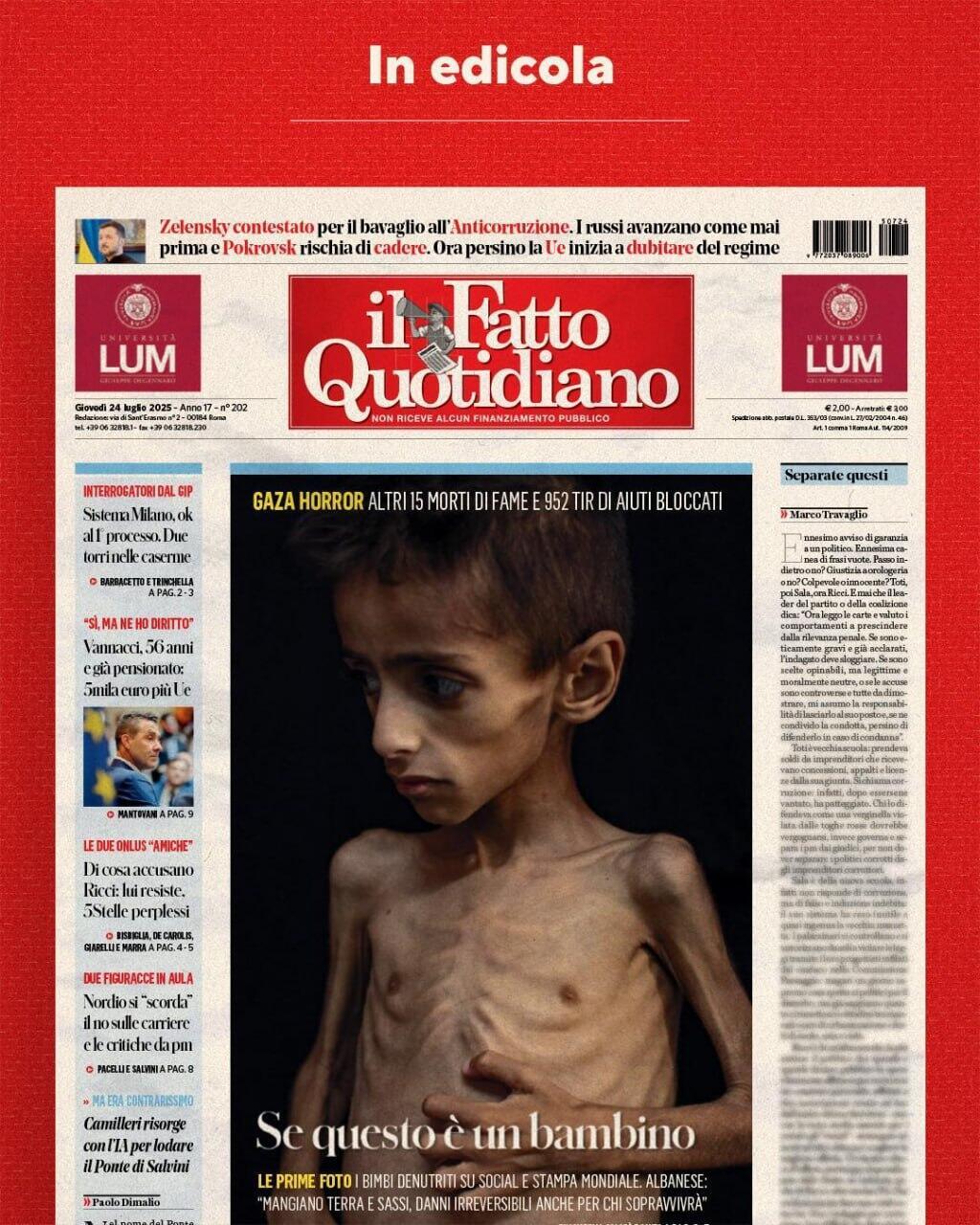 Gazan child Osama al-Raqab suffers from cystic fibrosis and is being cared for in Italy שער של עיתון Il Fatto Quotidiano המציגה ילד עזתי חולה בשם אוסאמה אל-רקאב הסובל מתת-תזונה