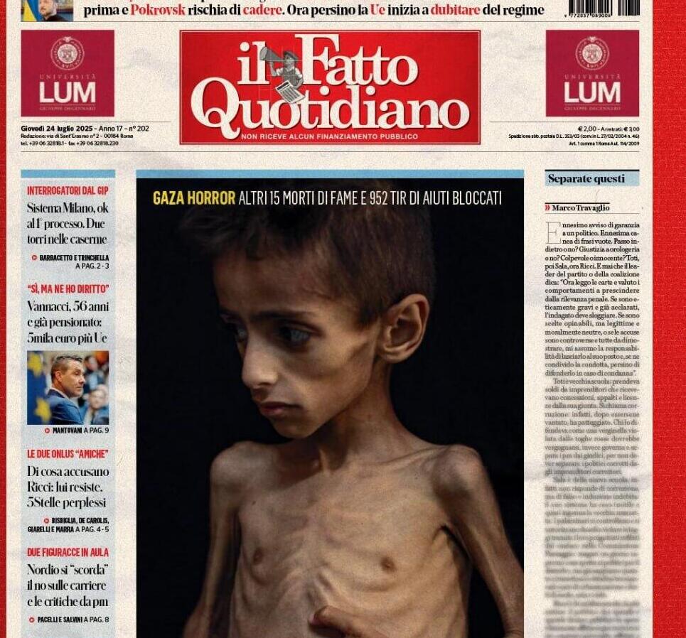 שער של עיתון Il Fatto Quotidiano המציגה ילד עזתי חולה בשם אוסאמה אל-רקאב הסובל מתת-תזונה