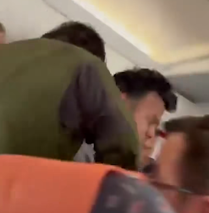 Man is subdued by fellow passengers (Photo: from social media) רגע ההשתלטות על הנוסע