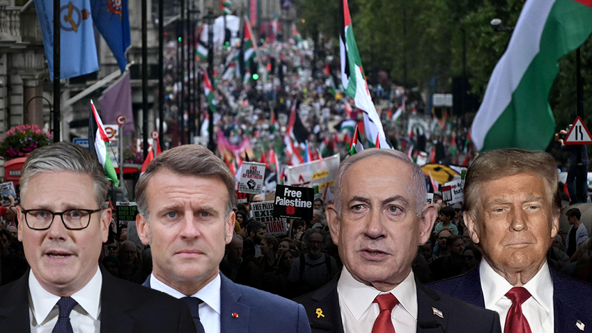 הפגנת נגד ישראל לונדון, טראמפ, נתניהו, מקרון, סטרמר 