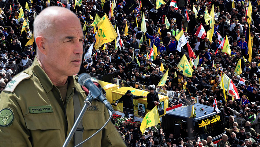 Northern Command chief Maj. Gen. Ori Gordin (Photo: Anwar Amro/ AFP, Reuters/ Thaier Al-Sudani, IDF) אלוף פיקוד צפון אורי גורדין דגלי חיזבאללה