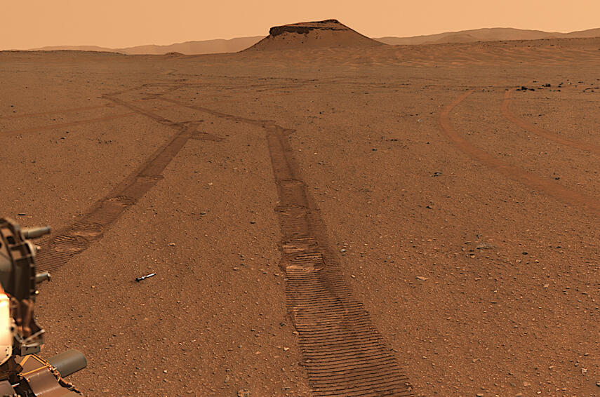 Leaving other Mars rovers in the dust. Tracks left by the Perseverance rover during a 2023 drive. At the center: a cylindrical metal container with a sample intended for possible future return to Earth 
