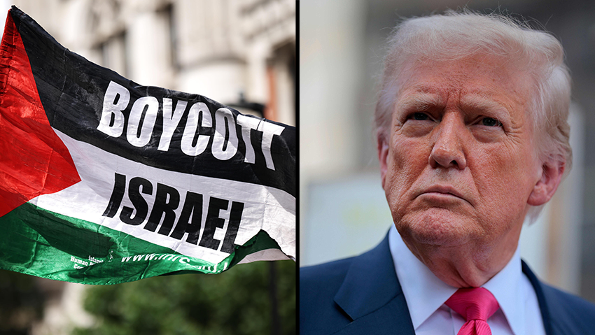 פעילים פרו פלסטינים פרו-פלסטינים מ Palestine Action עם דגל BDS הקורא ל חרם על ישראל בהפגנה מחוץ לבית המשפט ב לונדון נגד הכרזה על הארגון כארגון טרור בריטניה, דונלד טראמפ 