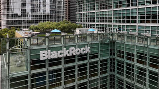 In an aerial view, the BlackRock logo is displayed on the exterior of a BlackRock office on July 15, 2024 in San Francisco, California 