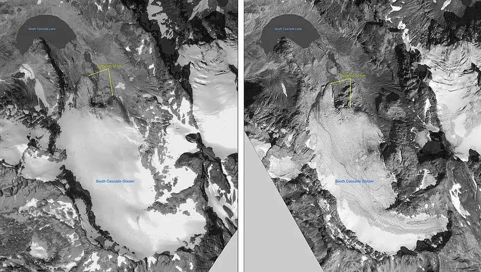 קרחון הקסקייד הדרומי באוגוסט 2000 (משמאל) בהשוואה לספטמבר 2006 (מימין)