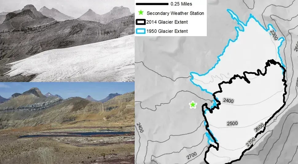 דעיכתו של קרחון במונטנה. התמונות מראות את הקרחון בסביבות 1930 ובשנת 2009. המפה מציגה את היקף הקרחון בשנת 1950 (כחול) וב-2014 (שחור)