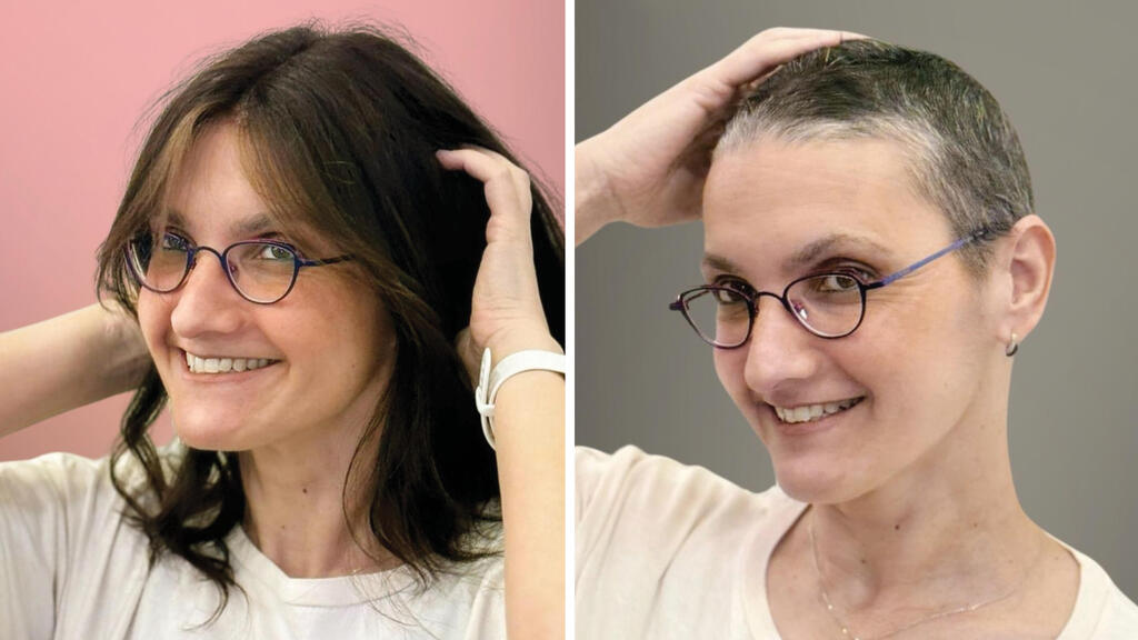 Michal Maymon, Bronfman's client, before (right) and after; wig made from own hair (Photo: Private album) מיכל מימון, לקוחה של ברונפמן, לפני ואחרי הפאה מהשיער שלה