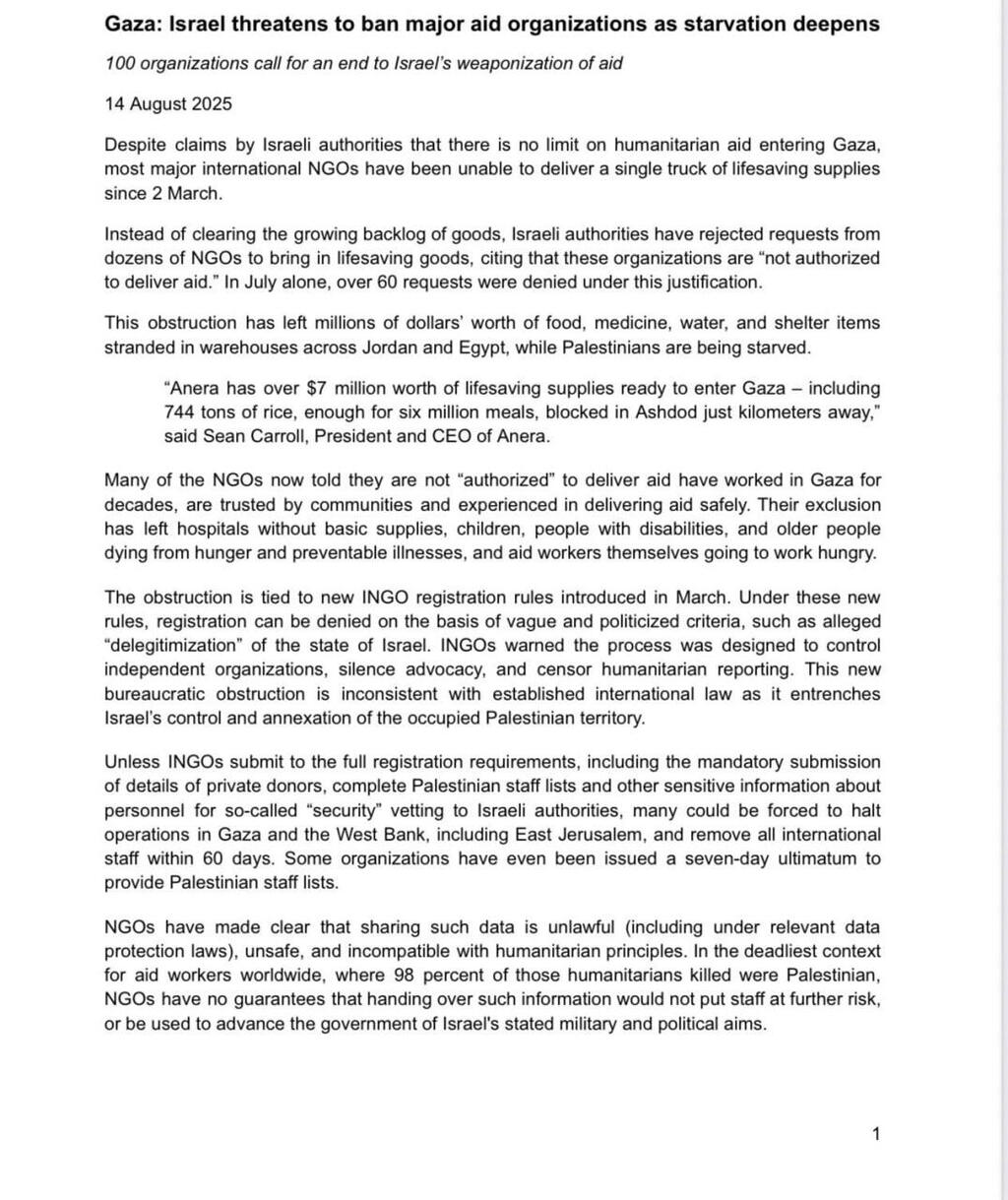 מכתב של ארגונים בינלאומיים לתקשורת בו טוענים כי ישראל חוסמת כניסת סיוע הומניטרי לעזה