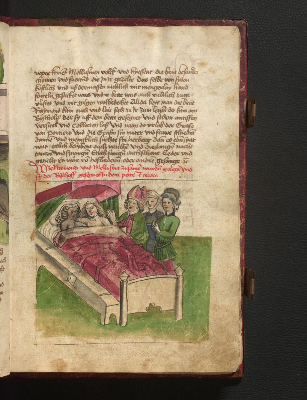 A 15th-century illustration of a clergy-led committee inspecting what happens in a couple’s bedroom מיניות תחת שליטה, גרסת המאה ה-15. ועדה בראשות בישוף בודקת את המתרחש במיטה בין בני זוג