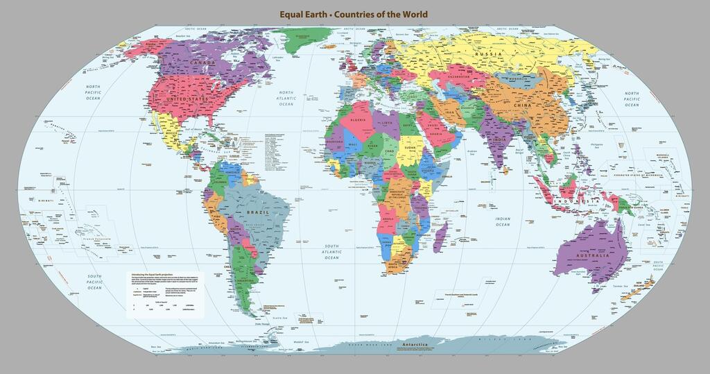 World map in the Equal Earth projection (Photo: shutterstock/SamKal) מפה מפת העולם עולם בגרסת Equal Eearth כדור הארץ השוויוני