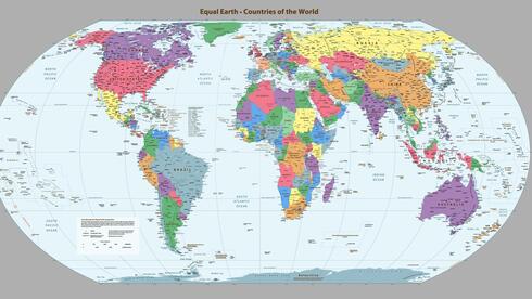 מפה מפת העולם עולם בגרסת Equal Eearth כדור הארץ השוויוני