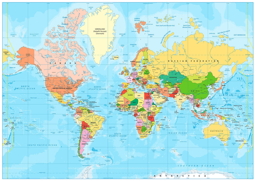 World map in the Mercator projection (Photo: shutterstock/Cartarium) מפה מפת העולם עולם בגרסת מרקטור Mercator
