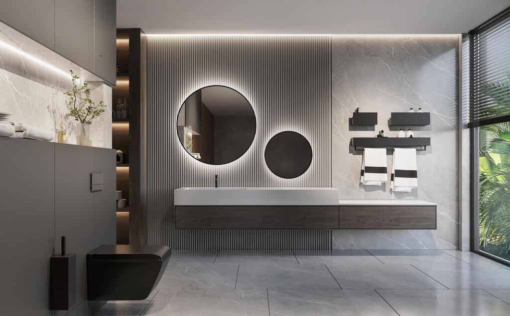 חדר רחצה מודרני עם חיפוי מגנטי מתחת לאריחי החיפוי הרגילים שמאפשרים תליית מתלים מגנטיים למגבות ואביזרים ללא קדיחה בקיר. חברת magnito. 