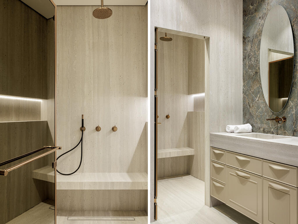 חדר רחצה עם אריחים מדוקקים גדולים מטרוורטין של טופז קרמיקה. עיצוב: עדי שמיסיאן