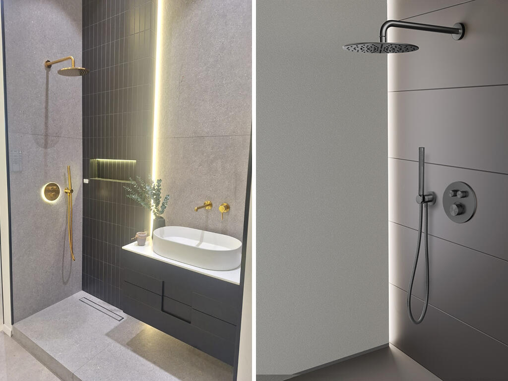 מימין מערכת חכמה לשליטה בעוצמה ובטמפרטורת המים, משמאל מערכת מים חכמה באינטרפוץ של המקלחון יחד עם ריצוף וחיפוי בהיר טבעי