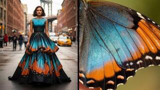 ימין: תקריב של כנף של פרפר שמאל: תמונה שג'מיני יצר עם הטקסטורה של הפרפר