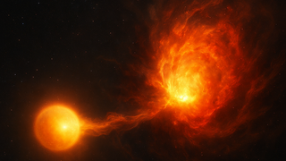 אילוסרטרציה הממחישה את שארית הכוכב הנזרק במהירות אדירה לחלל מתוך זירת פיצוץ הסופרנובה שנגרם אינטרקציה בין זוג הננסים הלבנים.