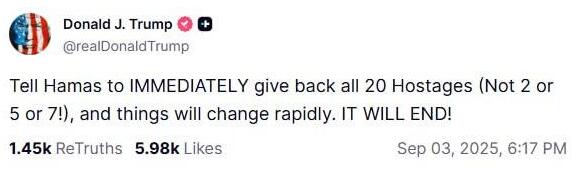 נשיא ארה"ב דונלד טראמפ קורא בפוסט לשחרור החטופים ומתעלם מהחללים