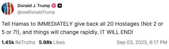 נשיא ארה"ב דונלד טראמפ קורא בפוסט לשחרור החטופים ומתעלם מהחללים